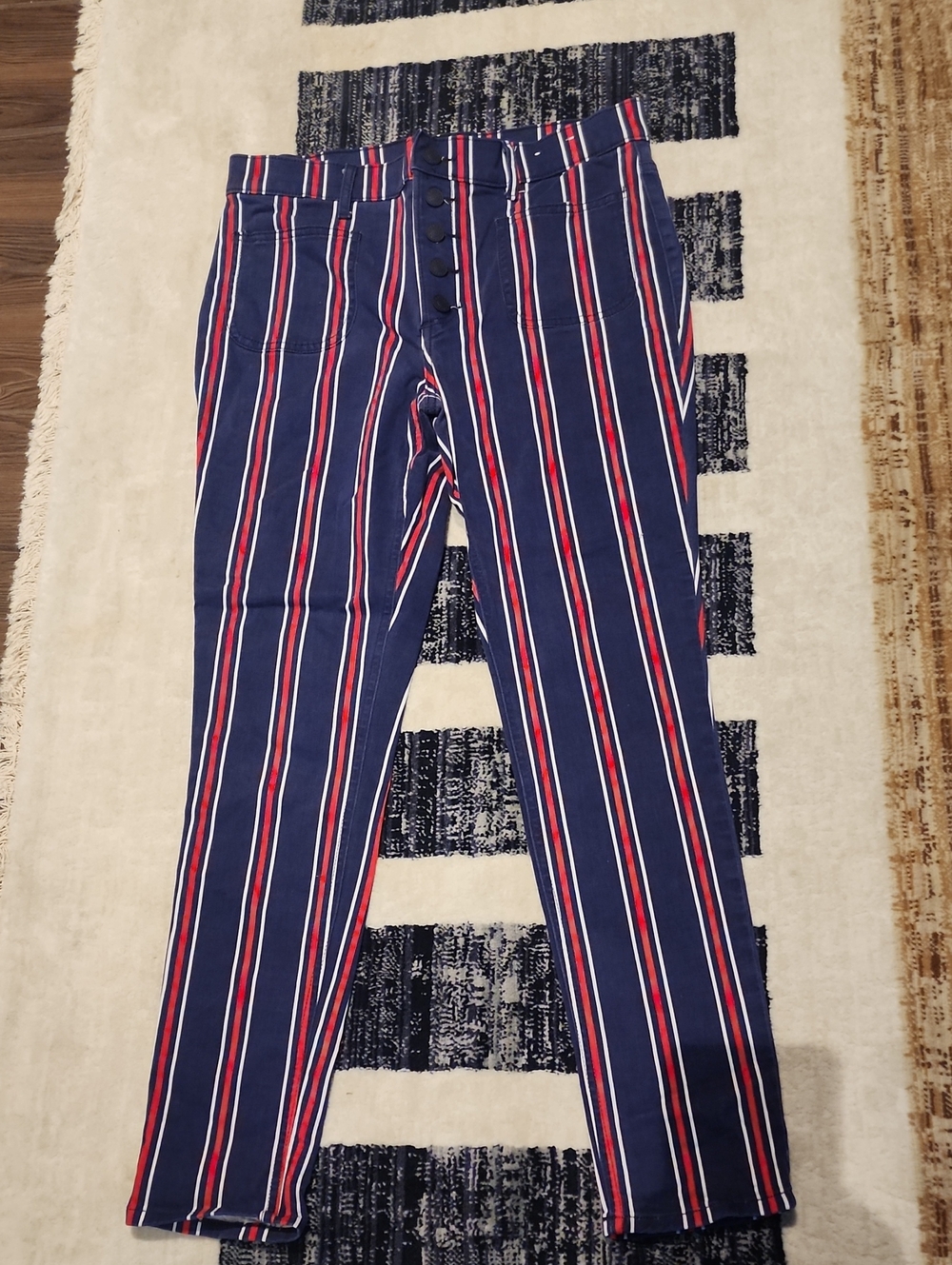 Womens Express 8R Stretch Navy Stripe Casual Pants - Red & White Accents